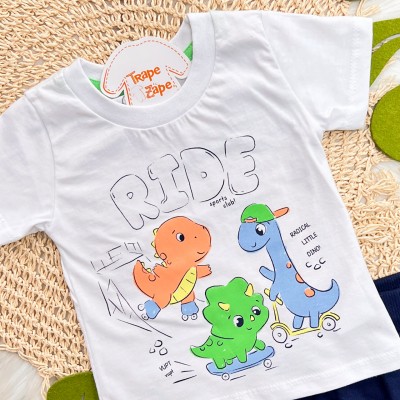 Conj. Camiseta Radical Little Dino e Bermuda - Branco e Azul Marinho
